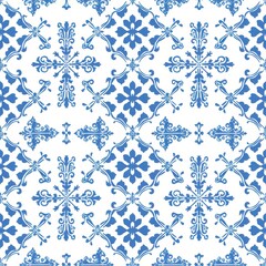 Leinwandbilder - This is a close-up view of a classic geometric tile pattern design. The pattern features blue and white colors and is comprised of repeated motifs of four-pointed stars and flowers.