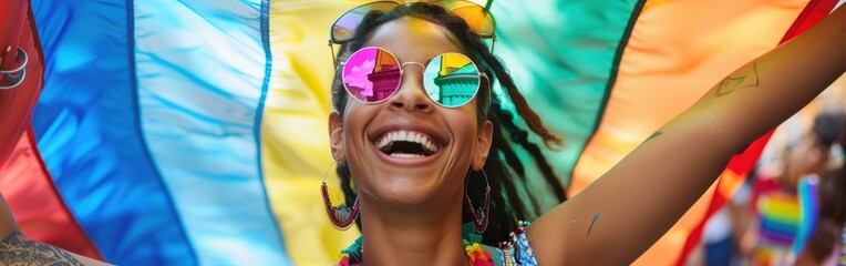 Poster - A woman is holding a rainbow flag and smiling. She is wearing sunglasses and has a colorful outfit. Concept of joy and celebration, as the woman is participating in a rainbow pride event or festival