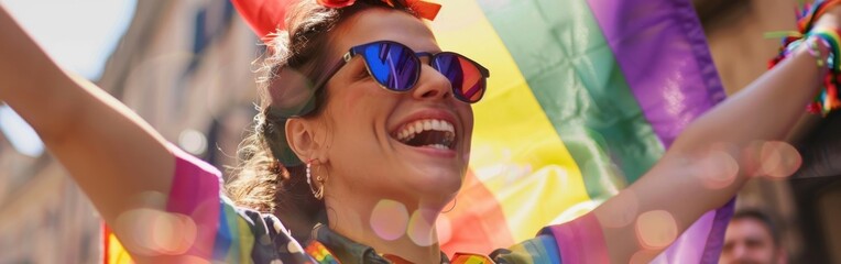 Poster - A woman is holding a rainbow flag and smiling. Concept of joy and celebration, as the woman is dressed in rainbow colors and he is participating in a pride parade or a similar event