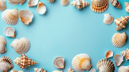 Poster - An image of various seashells arranged around a light blue background. The shells are mostly in the center and top corners of the image, leaving space in the middle. There are a few broken shells as w