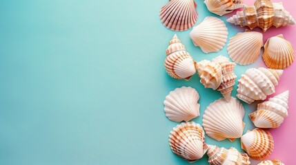 Leinwandbilder - A collection of seashells arranged on a blue and pink background. The seashells are of various shapes and sizes, and they are arranged in a random order. The background is a simple, solid color, which