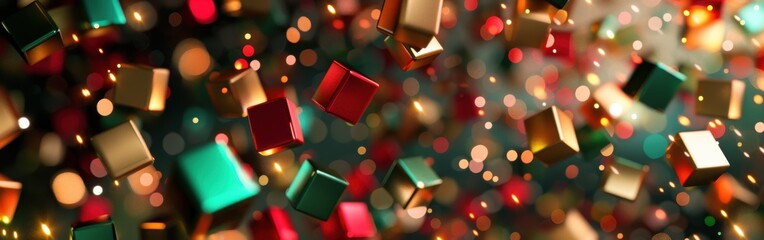 Poster - A colorful image of Christmas lights and boxes. The boxes are in various sizes and colors, and they are scattered throughout the image. Scene is festive and joyful