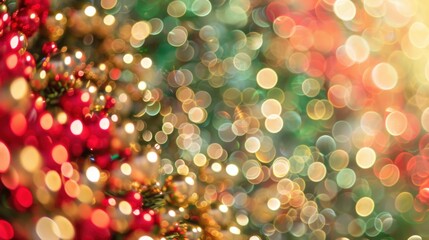 Poster - A Christmas tree with many lights and ornaments. The tree is decorated with red, green, and gold ornaments. The lights are twinkling and creating a warm and festive atmosphere