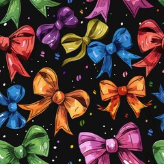 Poster - This image features a seamless pattern of brightly colored bows on a black background. The bows are drawn in a cartoon style and are arranged in a random, overlapping pattern. The background is dotted