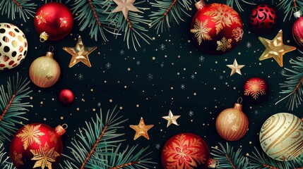 Poster - A flat lay image of various Christmas ornaments, including red, gold, and white baubles, along with pine branches, scattered across a dark background. The ornaments are decorated with snowflake and st