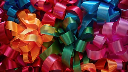 Poster - A close-up photograph of a collection of colorful satin ribbons arranged in a decorative pattern, showcasing vibrant hues of orange, red, pink, green, and blue. The ribbons are intertwined, creating a