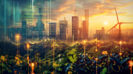 Canvas Print - Futuristic city skyline blending with nature, featuring digital overlays and a wind turbine at sunset, symbolizing technology and sustainability.