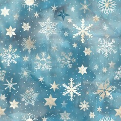 Leinwandbilder - A seamless pattern featuring white snowflakes and silver stars against a textured blue background. The pattern is perfect for holiday decor, wrapping paper, and other festive uses.