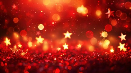 Fototapete - A festive, blurred background with red glitter and shimmering gold stars. The image evokes a sense of warmth and celebration, perfect for holiday-themed designs or presentations. The soft focus and bo