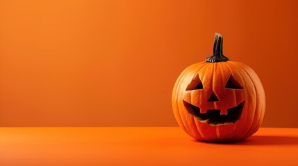 Poster - A carved pumpkin jack-o-lantern with a smiling face sits on a solid orange background. The pumpkin is lit from the front, highlighting the carved features.