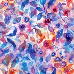 Poster - This is a watercolor painting of a colorful floral pattern. The artwork features blue and red flowers, as well as various shades of leaves, all rendered in a soft and ethereal style. The background is
