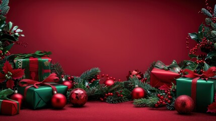 Aufkleber - A festive Christmas scene featuring wrapped gifts in green and red, red ornaments, and sprigs of holly, all arranged on a red background. The colors and decor create a joyful and celebratory holiday a