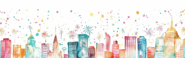 Poster - This image is a watercolor painting of a cityscape with fireworks and confetti. The painting is in a light and airy style, with bright colors and a sense of celebration. The cityscape is depicted in t