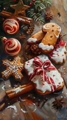 Poster - A close-up image of a collection of Christmas gingerbread cookies and ornaments arranged on a wooden table. The cookies are decorated with icing and sprinkles, including a gingerbread man, a snowflake