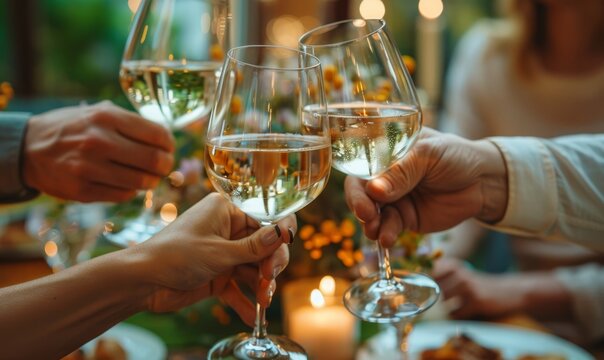 close up hands friends toasting white wine at dinner party in restaurant