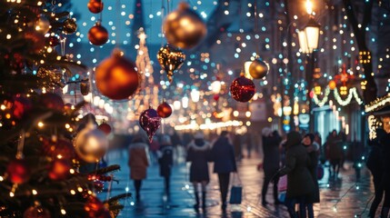 Leinwandbilder - A bustling city street at night, decorated with Christmas lights and ornaments. People walk along the sidewalk, enjoying the festive atmosphere. The image is out of focus, creating a warm and inviting