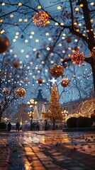 Leinwandbilder - This image shows a beautifully decorated street in a European city at night. The trees are adorned with twinkling Christmas lights and there are multiple Christmas trees, creating a magical atmosphere