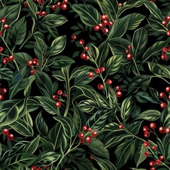 Poster - A digital illustration of dense green foliage with clusters of red berries scattered throughout. The dark background emphasizes the vibrant green leaves and creates a striking contrast.