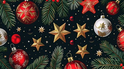 Poster - A festive Christmas background featuring red and white ornaments with gold accents, pine branches, gold stars, and red berries, all set against a black background. The image is a classic representatio