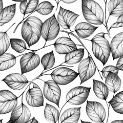 Poster - A seamless pattern of black and white detailed leaf illustrations. The leaves are drawn in a realistic style, with visible veins and textures. The pattern is perfect for adding a touch of nature to an