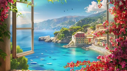 Aufkleber - A beautiful view of a beach and a small town with a window overlooking the ocean. The scene is serene and peaceful, with the water and the town creating a sense of calm