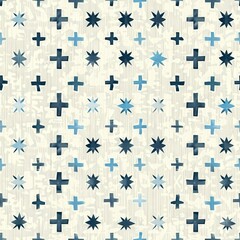 Aufkleber - This image showcases a repeating pattern of blue plus signs and stars on a white background. The design is abstract and modern, featuring a textured and distressed look.