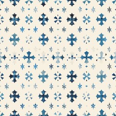 Wall Mural - This image depicts a seamless pattern of blue watercolor crosses and stars on a white background. The crosses are large and bold, while the stars are smaller and more delicate. The pattern is simple a