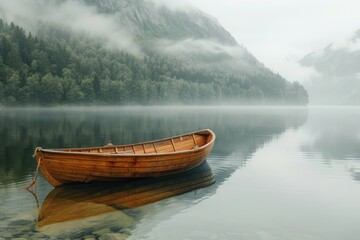 an empty wooden boat drifts on a glassy lake