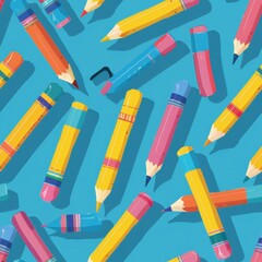 Aufkleber - A blue background with a bunch of colorful pencils scattered around. The pencils are of different colors and sizes, and they are arranged in a way that creates a sense of chaos and disorder