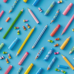 Poster - A colorful array of pencils and pens are scattered across a blue background. The pencils come in various colors and designs, and the pens are also colorful. Scene is cheerful and playful