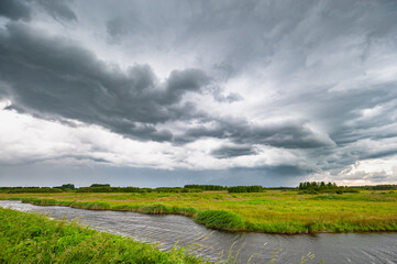 Wall Mural - dark clouds over the green watery dutch polder landscape in the green heart area between the cities 
