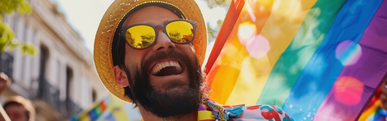 Poster - A man with a mustache and sunglasses is smiling and holding a rainbow flag. Concept of joy and celebration, as the man is participating in a pride parade or a similar event