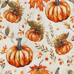 Poster - A pattern of pumpkins and leaves is painted on a white background. The pumpkins are orange and have green stems. The leaves are brown and have a wavy texture. Scene is warm and cozy