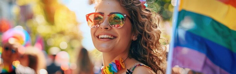 Poster - A woman wearing a rainbow flag and sunglasses is smiling. Concept of joy and celebration, as the woman is participating in a parade or festival