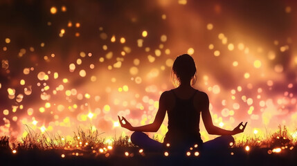 Sticker - Silhouette of a woman meditating outdoors with a background of glowing lights and bokeh effects.