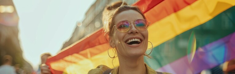 Poster - A woman is smiling and holding a rainbow flag. Concept of happiness and pride in the LGBTQ community