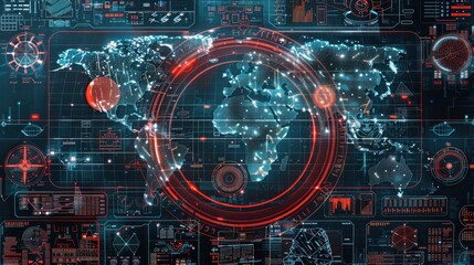 Fototapete - A computer monitor displays a map of the world with red and blue lights. The map is surrounded by a red circle and has a red dot in the center