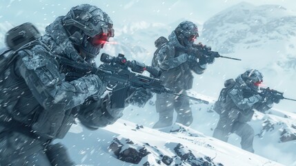 Poster - Three soldiers are in the snow, wearing camouflage and carrying guns. Scene is tense and serious, as the soldiers are in a combat situation
