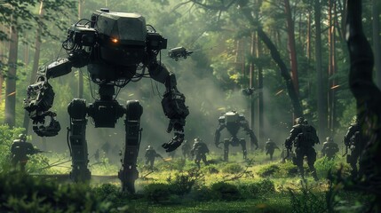 Poster - A group of robots are walking through a forest. The robots are all different sizes and shapes, and they are all moving in different directions. Scene is tense and ominous