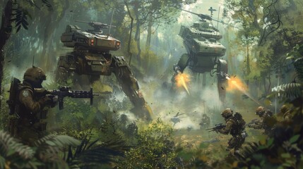 Poster - A group of soldiers are fighting in a jungle with a helicopter in the background. The soldiers are armed with guns and are in the middle of a battle
