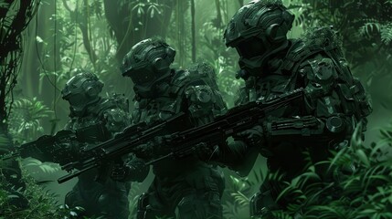 Poster - Three soldiers in green uniforms are in a jungle, holding guns and looking at the camera. Scene is tense and serious, as the soldiers are in a dangerous environment
