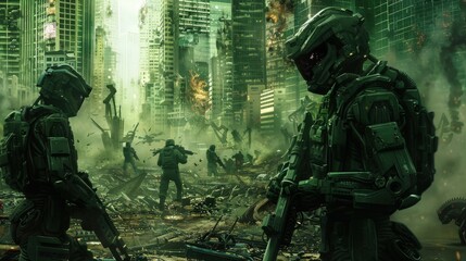Poster - A group of soldiers are in a war zone, with a lot of destruction and chaos around them