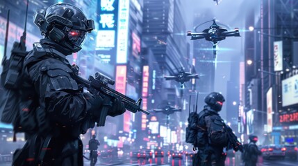 Poster - A man in a black uniform is standing in the middle of a city street with a group of soldiers. The soldiers are flying drones and the man is holding a rifle