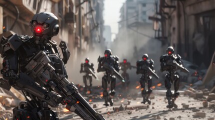 Poster - A group of robots are marching through a city, with one of them holding a gun. The scene is set in a war-torn area, with buildings in ruins and debris scattered around. The robots are dressed in black