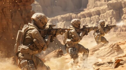 Poster - Three soldiers are in a desert, with one of them holding a rifle. The soldiers are wearing camouflage and appear to be in a war zone