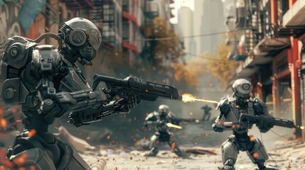Wall Mural - Three robots are fighting in a war zone. One of them is holding a gun and shooting at the other two. The scene is intense and chaotic, with the robots moving quickly and firing their weapons