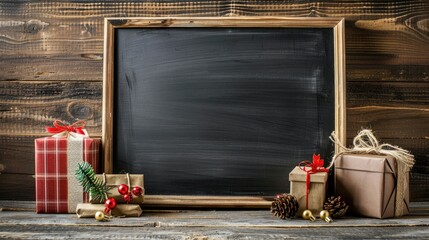 Wall Mural - Blackboard gift box and banner on wooden table against wooden wall for design display