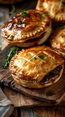 Aufkleber - Three pies with herbs on top sit on a wooden table. The pies are filled with meat and have a golden crust. The table is covered with a cloth and the pies are arranged in a row