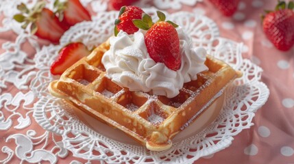Poster - A waffle with strawberries and whipped cream on top. The waffle is served on a white plate and is placed on a lace doily