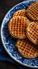 Poster - A plate of waffles with a blue background. The waffles are stacked on top of each other